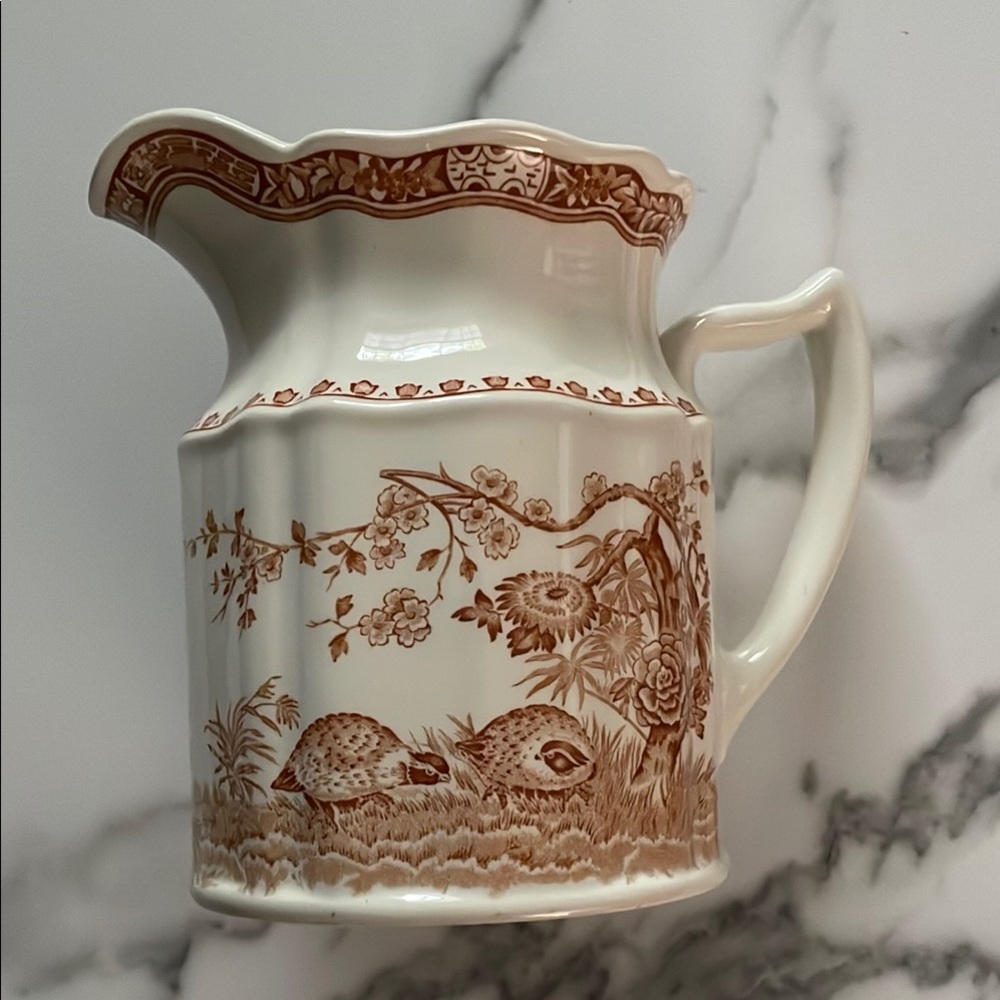 Vintage Floral Ceramic Pitcher with quails
